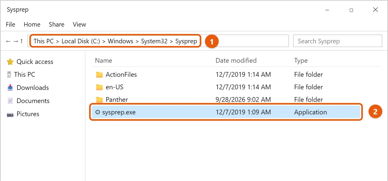 How to Run Sysprep in Windows 10 1 File Explorer showing the Sysprep folder with sysprep.exe highlighted
