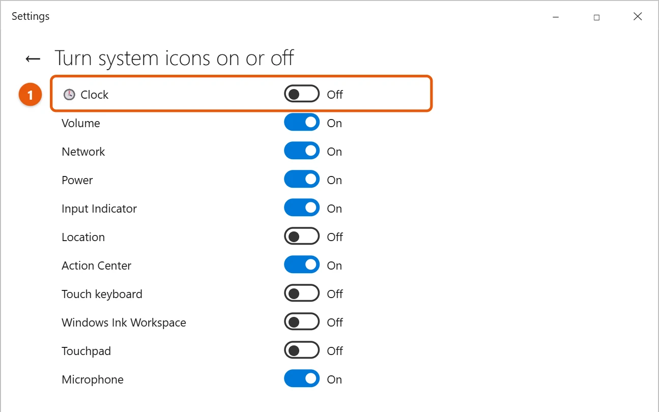How to Hide the Clock on the Taskbar in Windows 10 2 Windows 10 Turn system icons on or off page with the Clock toggle turned off
