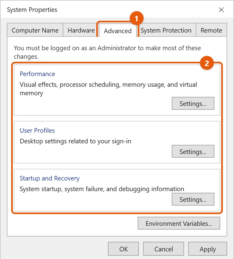 How to Open System Properties in Windows 10 2 Windows 10 System Properties window on the Advanced tab with its three Settings buttons