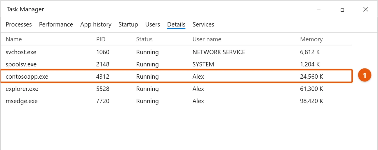 How to Find Port Numbers in Windows 10 2 Windows 10 Task Manager Details tab with the contosoapp.exe row and PID 4312 highlighted