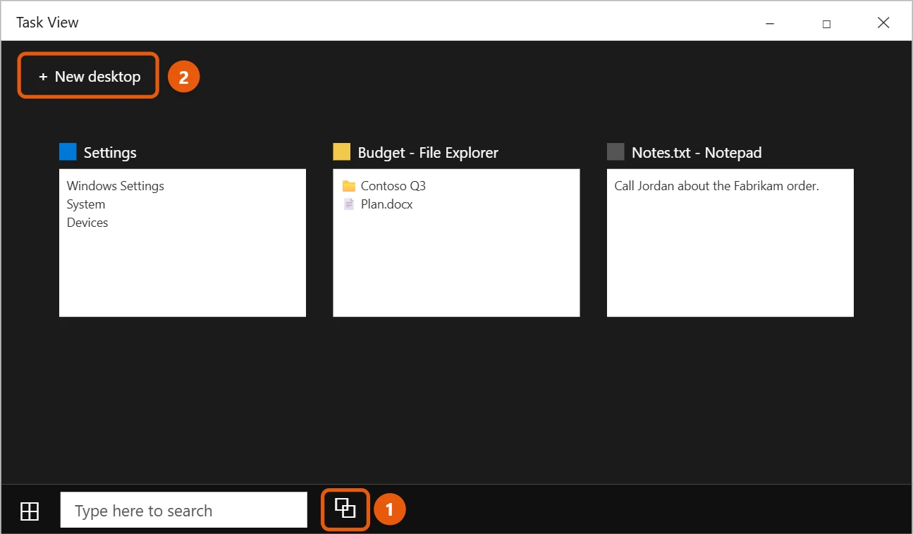 How to Toggle Between Windows in Windows 10 2 Windows 10 Task View showing open windows with the Task View button and New desktop highlighted