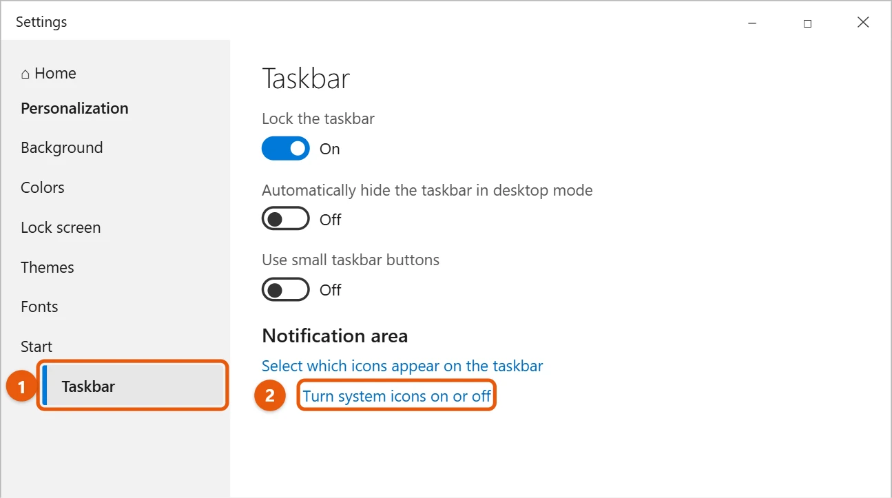 How to Hide the Clock on the Taskbar in Windows 10 1 Windows 10 Settings Taskbar page with the Turn system icons on or off link highlighted under Notification area