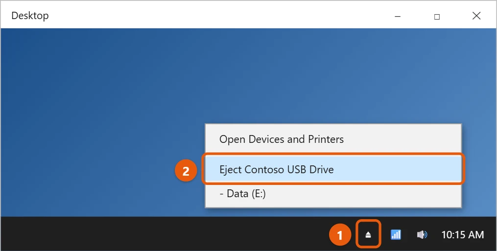 How to Safely Eject an External Hard Drive in Windows 10 1 Windows 10 taskbar Safely Remove Hardware icon with the Eject Contoso USB Drive menu item highlighted