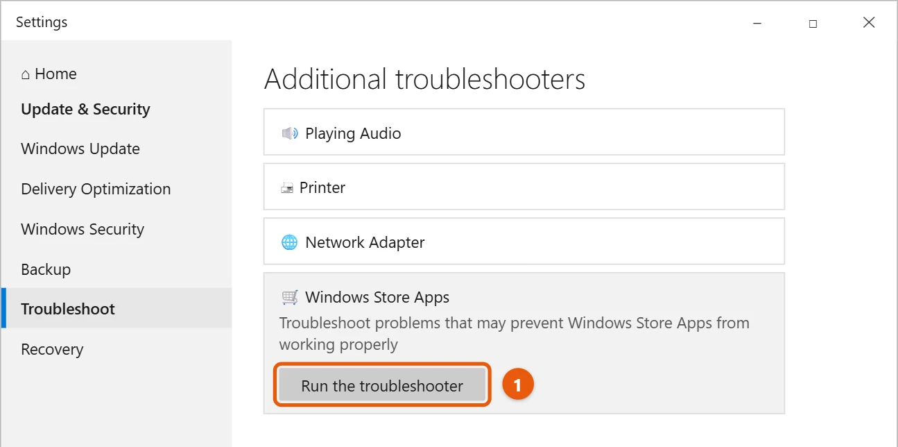 How to Fix Apps Not Opening in Windows 10 1 Windows 10 Additional troubleshooters with Windows Store Apps selected and Run the troubleshooter highlighted