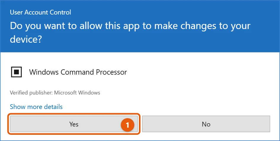 How to Run a Program as Administrator in Windows 10 1 Windows 10 User Account Control prompt asking to allow Windows Command Processor to make changes, with Yes highlighted