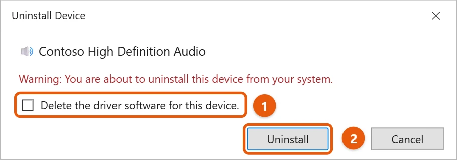 Should You Uninstall All Drivers in Windows 10? 2 Uninstall Device dialog with the Delete the driver software option and the Uninstall button