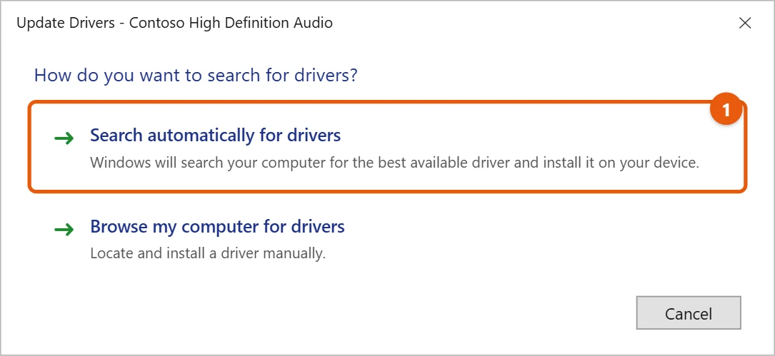 How to Update Audio Drivers in Windows 10 2 Windows 10 Update Drivers window with Search automatically for drivers highlighted