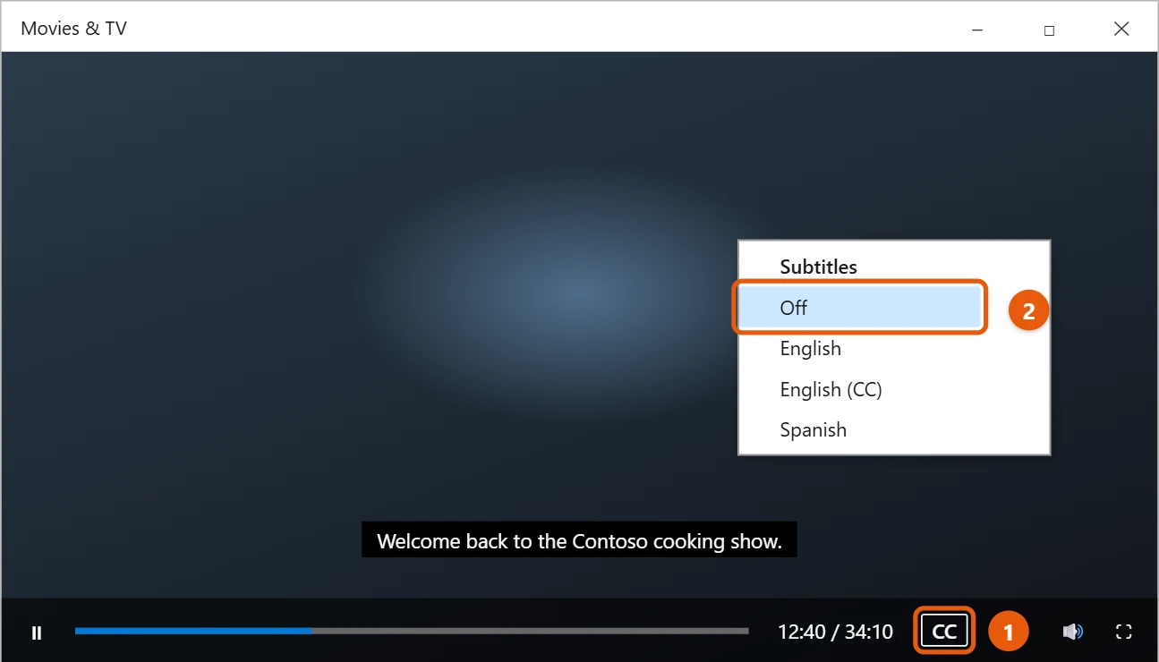 How to Turn Off Captions in Windows 10 1 Video player controls with the captions button open and Off highlighted