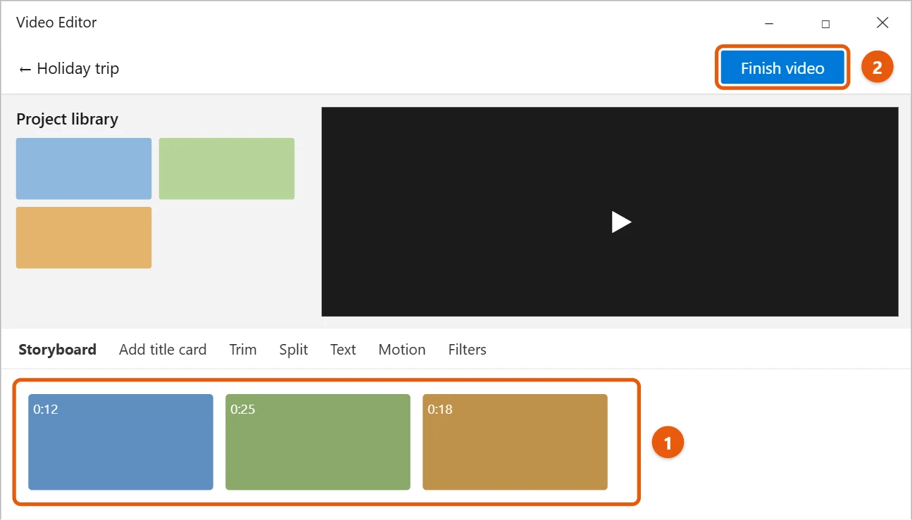 How to Merge Videos on Windows 10 2 Video Editor storyboard with three clips in a row and the Finish video button