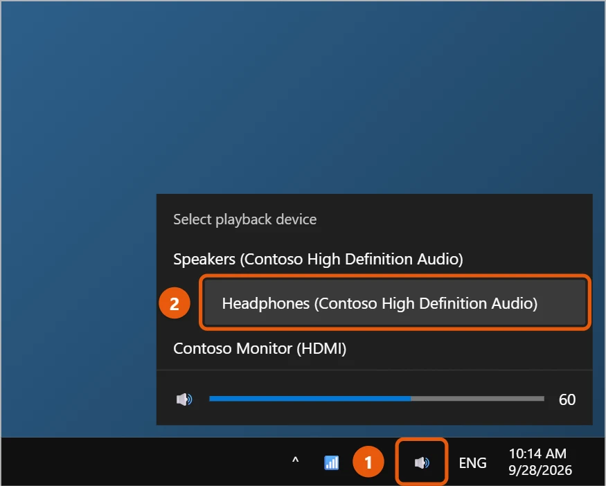 How to Connect Wired Headphones to a Windows 10 PC 2 Windows 10 volume flyout listing playback devices with Headphones highlighted