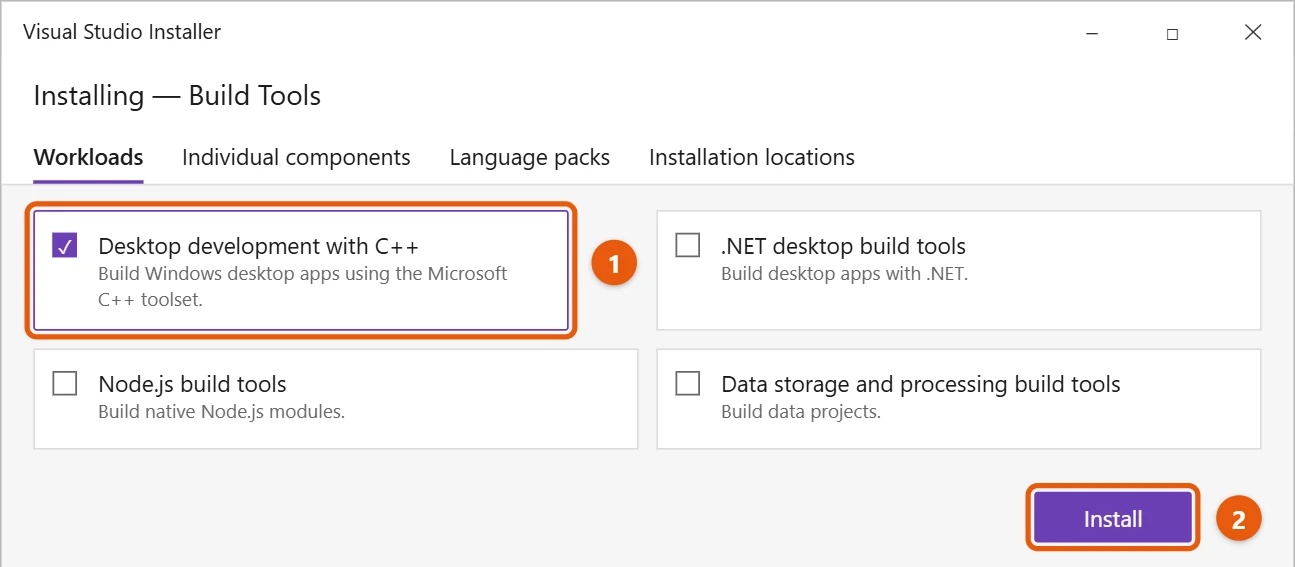 How to Compile and Run a C Program in Windows 10 1 Visual Studio Installer Workloads tab with Desktop development with C++ checked and the Install button