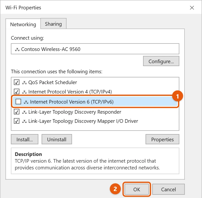How to Disable IPv6 in Windows 10 1 Windows 10 Wi-Fi Properties dialog with the Internet Protocol Version 6 (TCP/IPv6) check box cleared