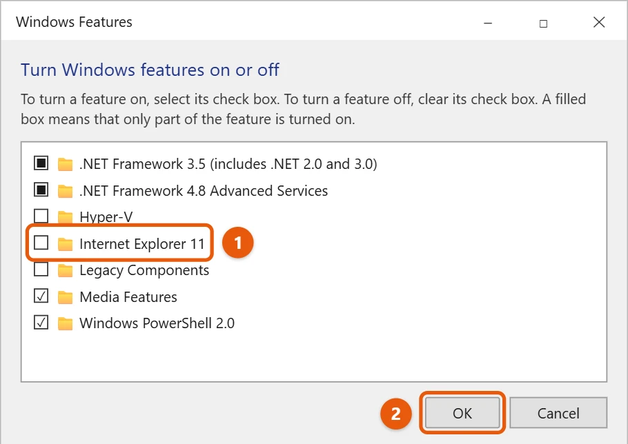How to Disable or Uninstall Internet Explorer on Windows 10 2 Windows 10 Windows Features dialog with Internet Explorer 11 unchecked and OK highlighted