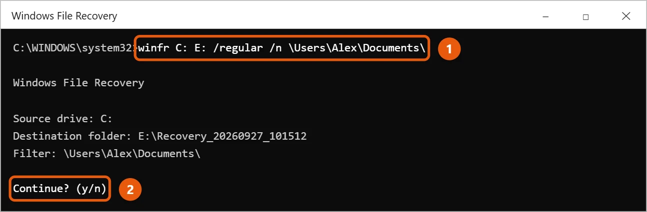 How to Recover Permanently Deleted Files in Windows 10 2 Windows File Recovery command window with a winfr command typed and the Continue prompt highlighted