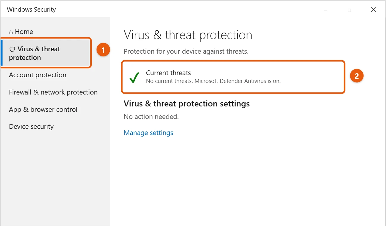 How to Uninstall McAfee on Windows 10 2 Windows Security Virus and threat protection page showing no action needed