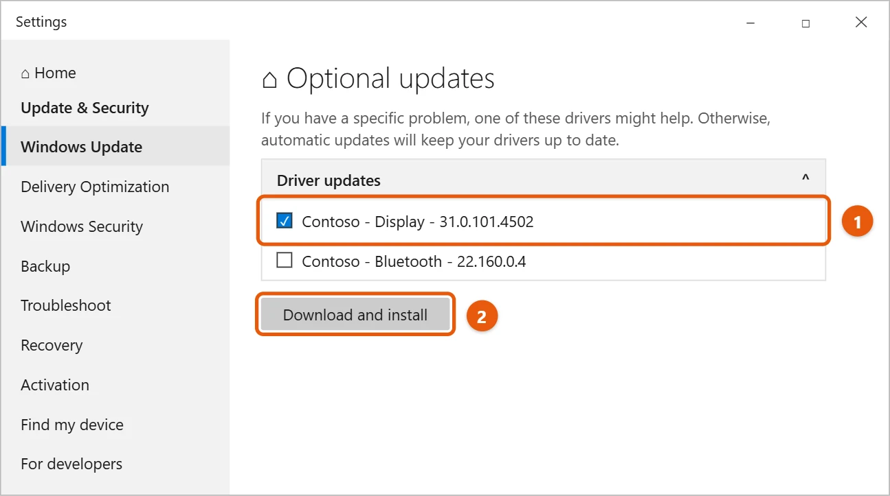 How to Update Graphics Drivers in Windows 10 1 Windows 10 Optional updates page with a display driver checked and Download and install highlighted