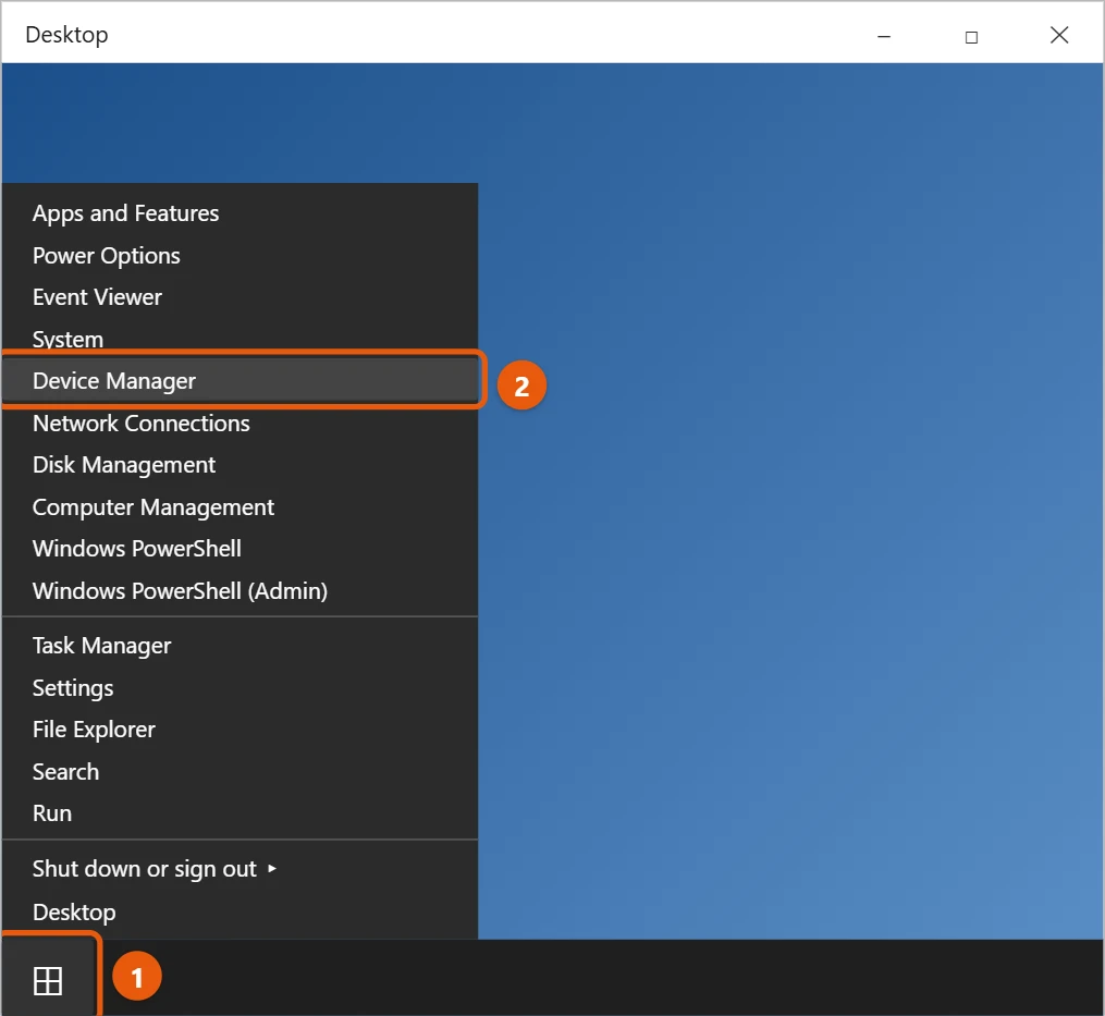 How to Open Device Manager in Windows 10 1 Windows 10 Start button right-click menu with Device Manager highlighted