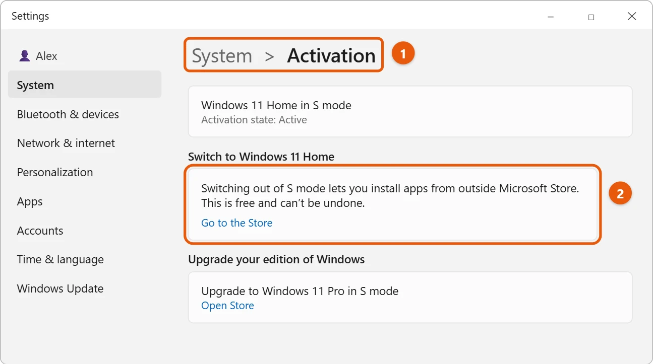 How to Switch Out of S Mode in Windows 11 1 Windows 11 Activation settings with the Switch to Windows 11 Home section and Go to the Store link