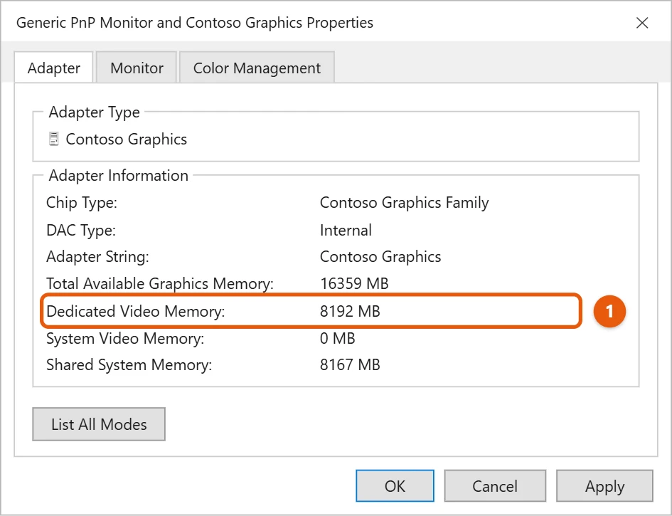 How to Check VRAM in Windows 11 1 Illustration of the display adapter properties window in Windows 11 with the Dedicated Video Memory line highlighted