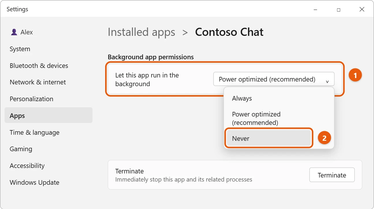 How to Turn Off Background Apps in Windows 11 2 App settings with Let this app run in the background set to Never