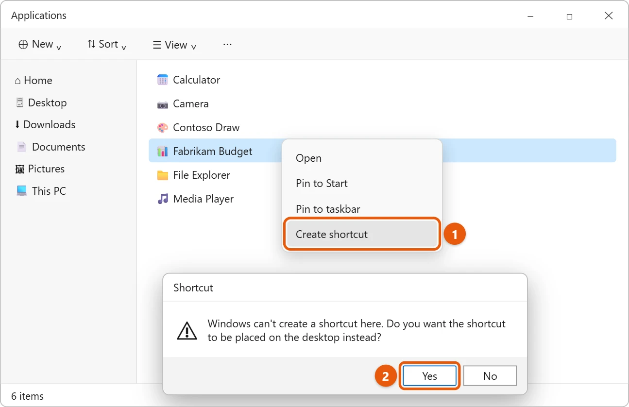 How to Move Apps from the Taskbar to the Desktop in Windows 11 2 Illustration of the Windows 11 Applications folder with an app right-clicked, Create shortcut highlighted and the prompt to place the shortcut on the desktop