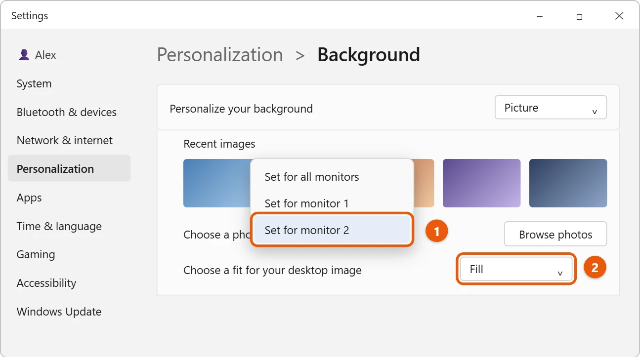 How to Change the Wallpaper in Windows 11 2 Right-click menu on a recent background image with Set for monitor 2 highlighted, and the fit list below
