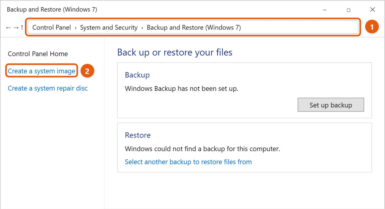 How to Back Up Windows 11 to an External Hard Drive 2 Backup and Restore (Windows 7) in Control Panel with Create a system image highlighted