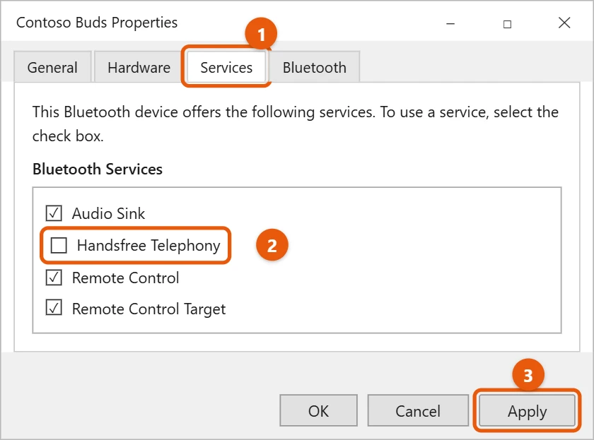 How to Disable Hands-Free Audio in Windows 11 3 Illustration of the Windows 11 Bluetooth headphones Properties window on the Services tab with the Handsfree Telephony check box cleared and the Apply button highlighted