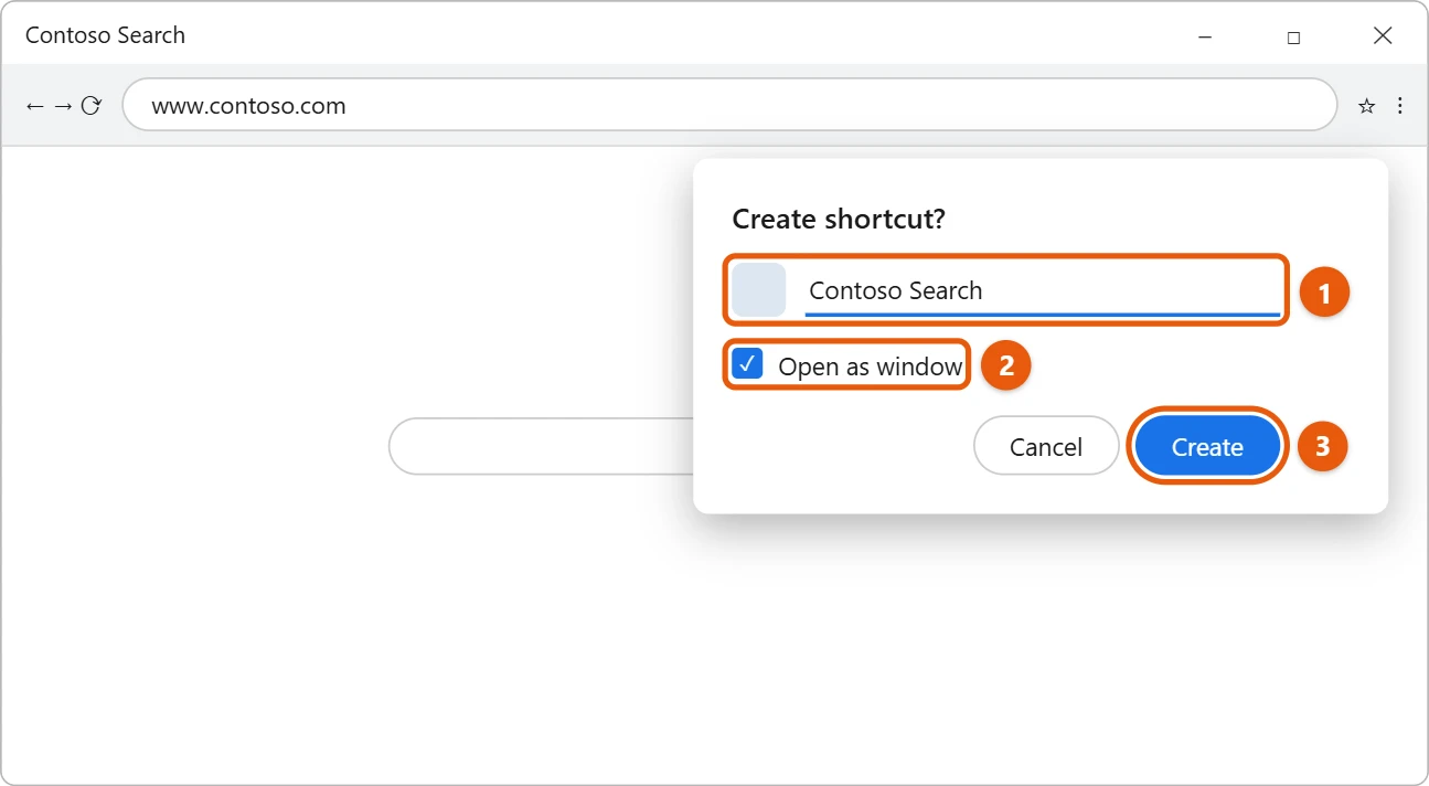 How to Pin Google to the Taskbar in Windows 11 2 Illustration of a browser Create shortcut dialog with the name field, the Open as window check box and the Create button highlighted