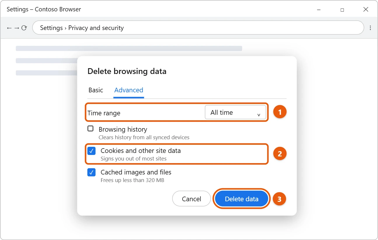How to Clear Cookies in Chrome on Windows 11 1 Illustration of a browser Delete browsing data dialog with All time, Cookies and other site data and the Delete data button highlighted