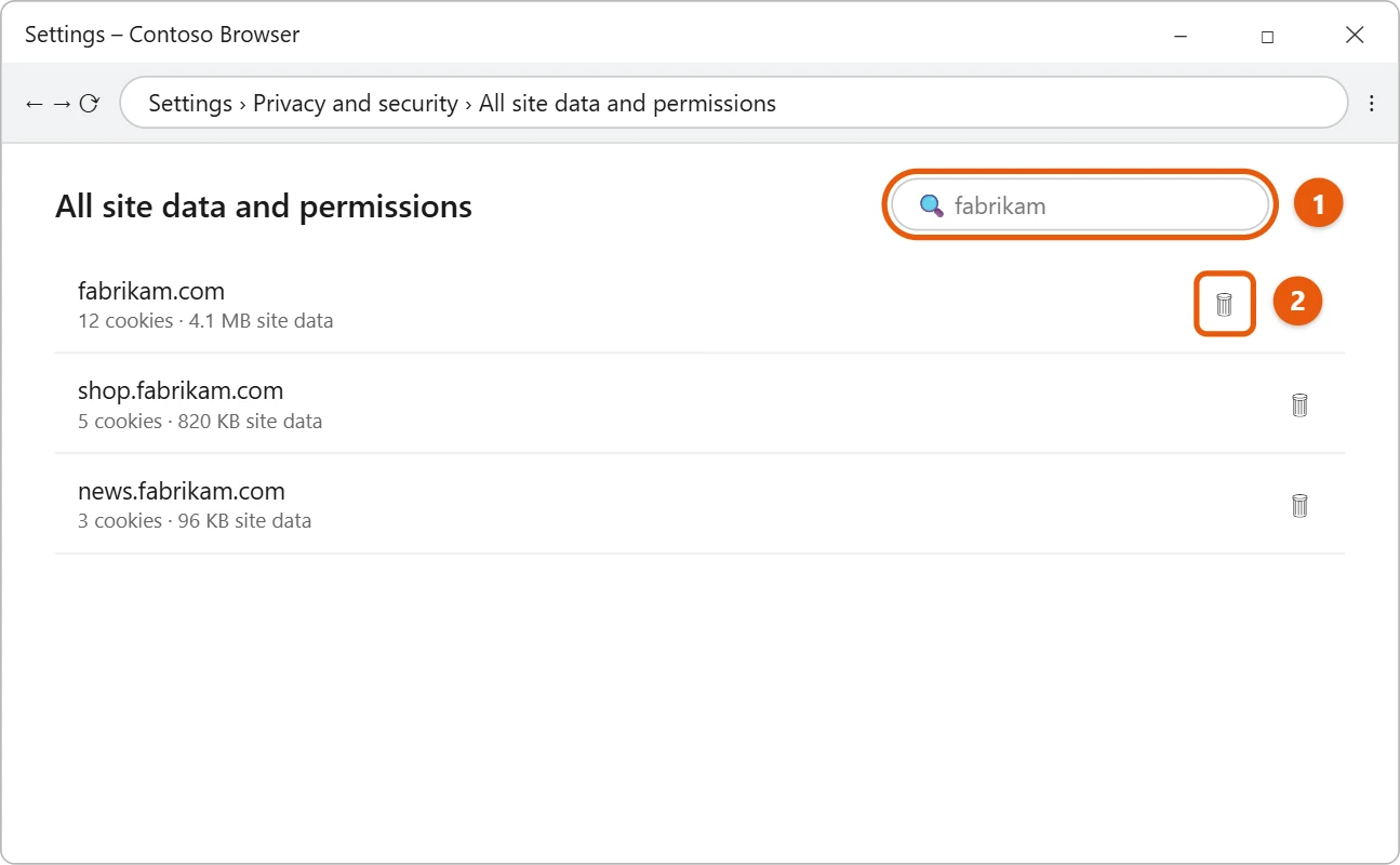 How to Clear Cookies in Chrome on Windows 11 2 Illustration of a browser All site data and permissions page with a site search and the delete button for one site highlighted