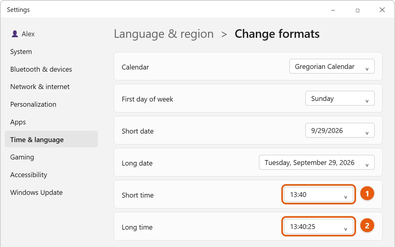 How to Change the Time Format in Windows 11 2 Windows 11 Change formats page with the Short time and Long time lists highlighted