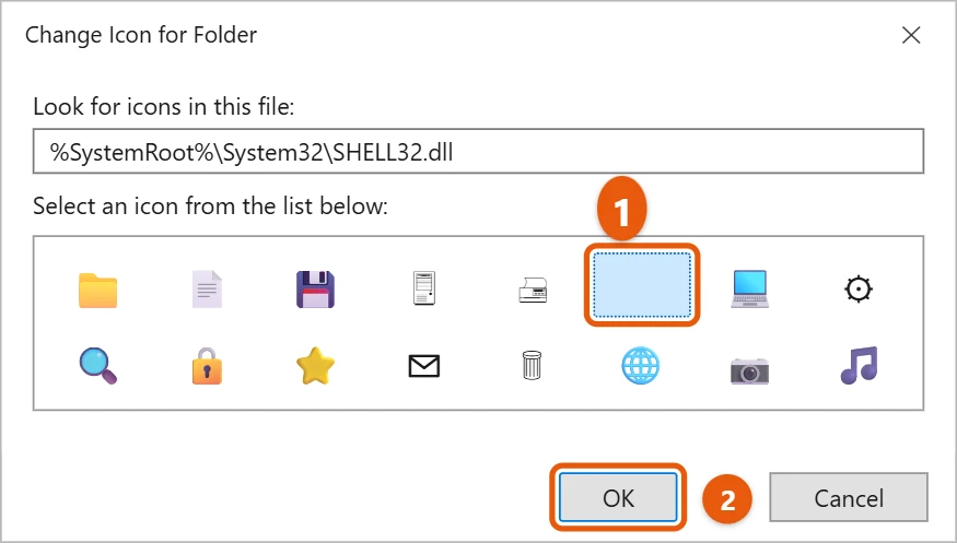 How to Make an Invisible Folder in Windows 11 2 Change Icon for Folder window with a blank icon selected and the OK button highlighted