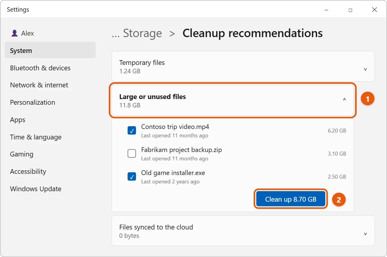 How to Find Large Files in Windows 11 1 Windows 11 Cleanup recommendations with Large or unused files open and two files checked