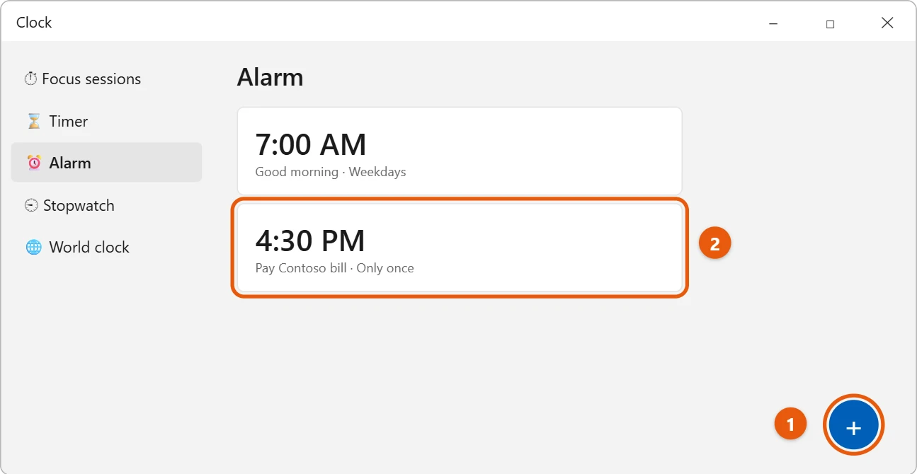 How to Set Reminders on Windows 11 2 Windows 11 Clock app on the Alarm page with the add button and a new alarm highlighted