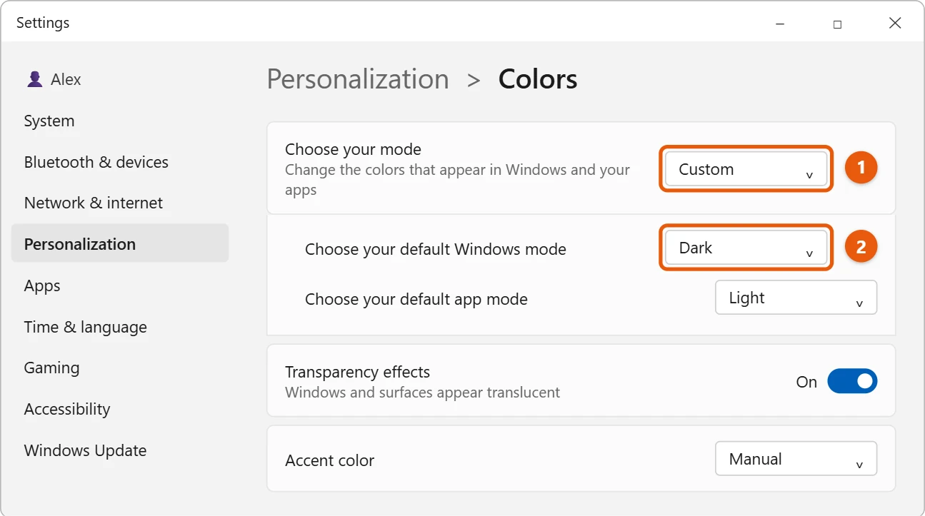 How to Change the Taskbar Color in Windows 11 1 Windows 11 Colors settings with Choose your mode set to Custom and Windows mode set to Dark