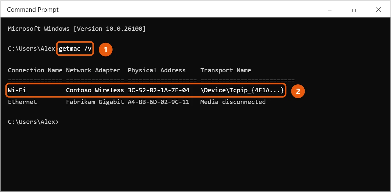 How to Find Your MAC Address in Windows 11 2 Command Prompt showing getmac /v output with the Wi-Fi physical address