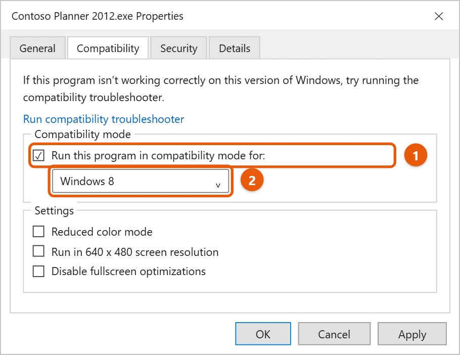 How to Run a Program in Compatibility Mode in Windows 11 1 Program Properties Compatibility tab with the compatibility mode check box and Windows 8 selected