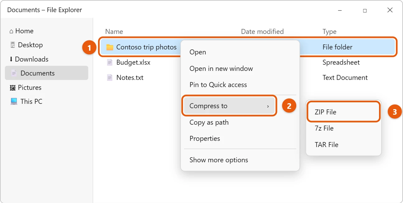 How to Zip and Unzip Files in Windows 11 1 File Explorer with a folder right-clicked and Compress to ZIP File highlighted