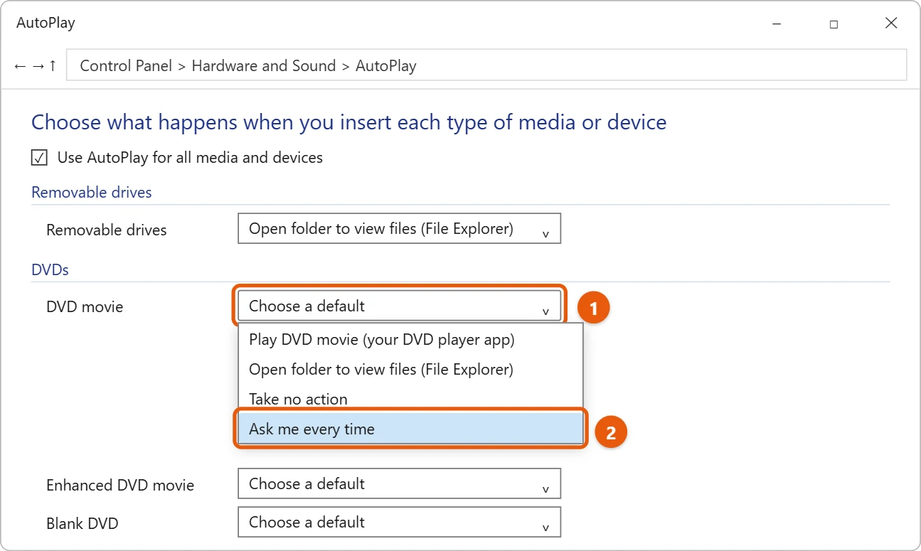 How to Play a DVD on Windows 11 2 Illustration of the AutoPlay page in Control Panel with the DVD movie list open and Ask me every time highlighted