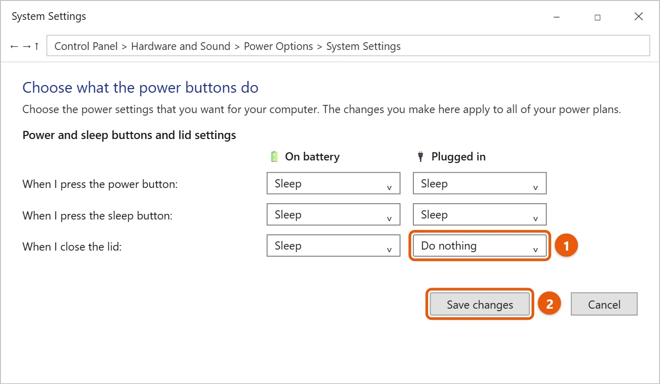 How to Change What Happens When You Close Your Laptop Lid in Windows 11 2 Illustration of the Control Panel System Settings window with the When I close the lid list for Plugged in set to Do nothing and the Save changes button highlighted