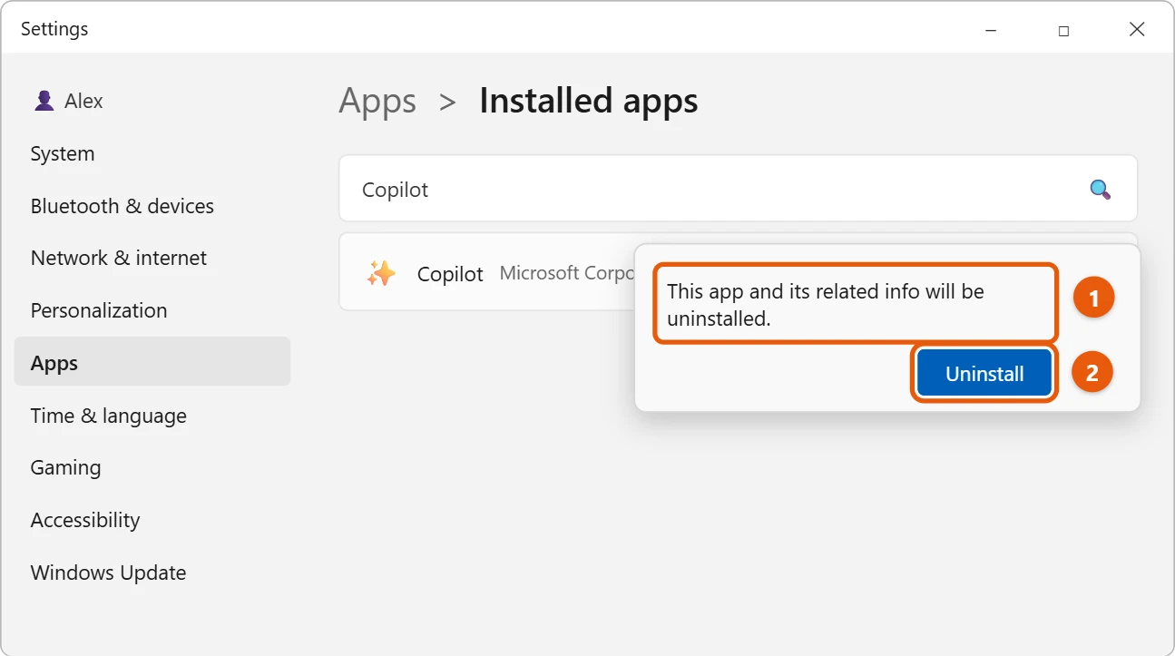How to Uninstall Copilot in Windows 11 2 Uninstall confirmation for the Copilot app with the Uninstall button highlighted