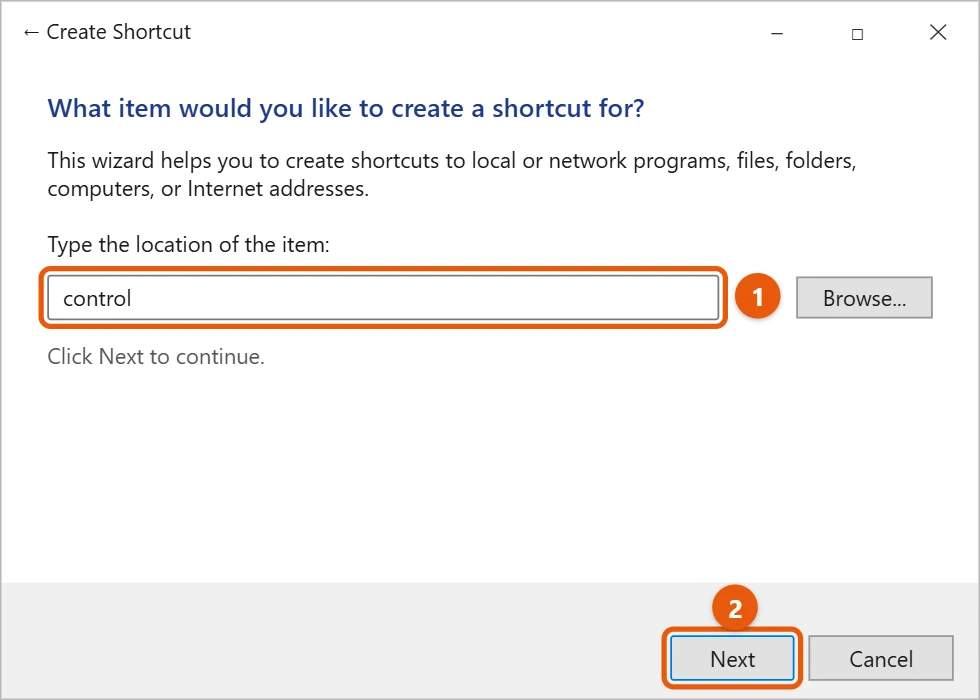 How to Put a Control Panel Icon on the Desktop in Windows 11 3 Illustration of the Windows 11 Create Shortcut window with control typed in the location box and the Next button highlighted