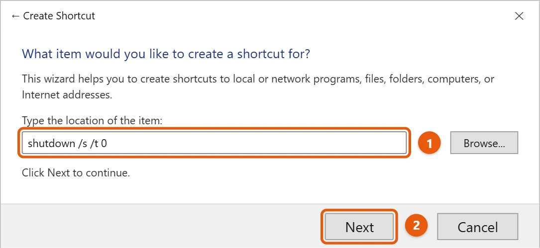 How to Put a Power Button on the Taskbar in Windows 11 1 Create Shortcut wizard with shutdown /s /t 0 typed in the location box and Next highlighted