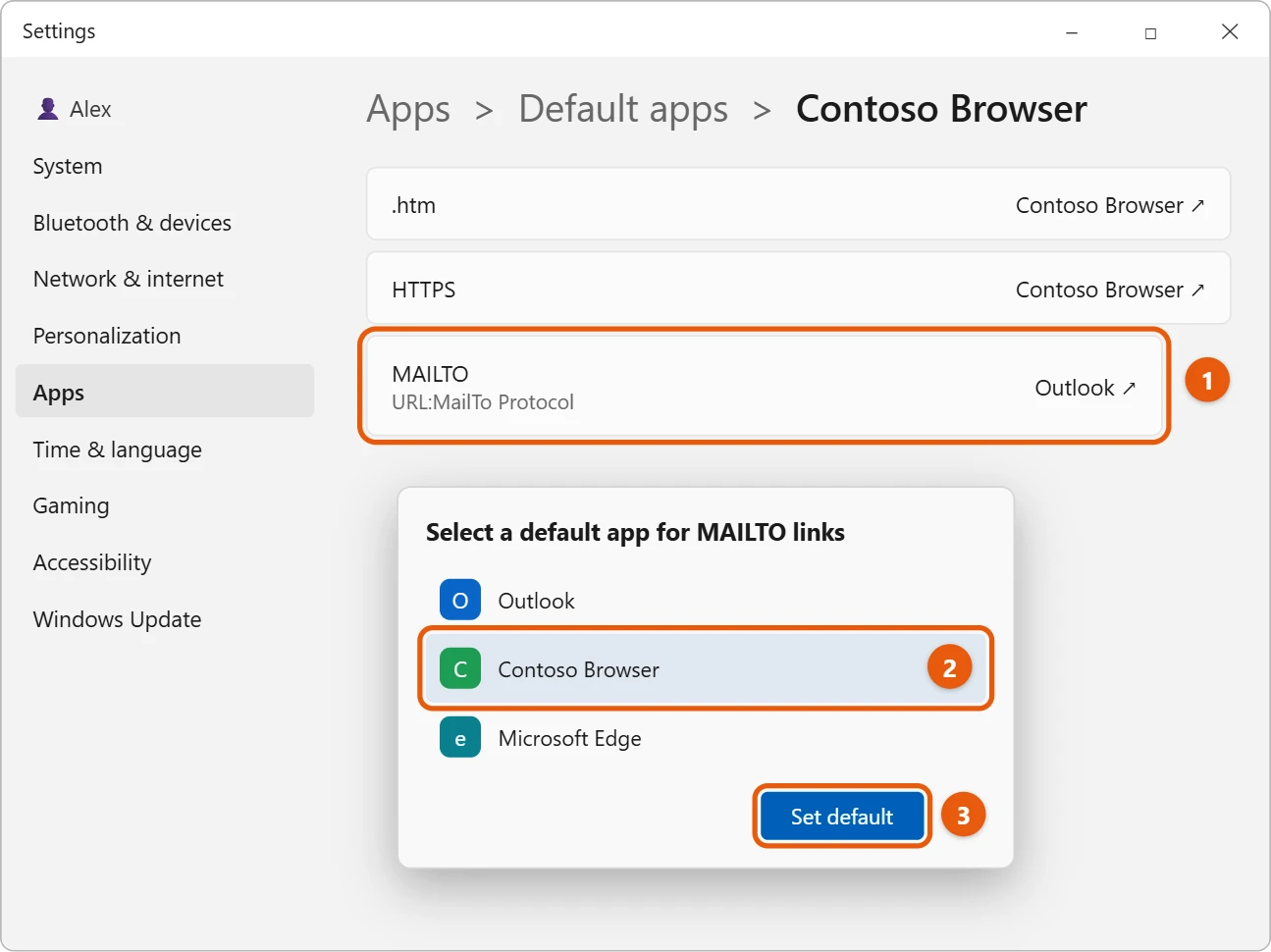 How to Set Gmail as the Default Email in Windows 11 2 Illustration of Windows 11 Default apps page with the MAILTO link type and a picker to choose a browser as the default