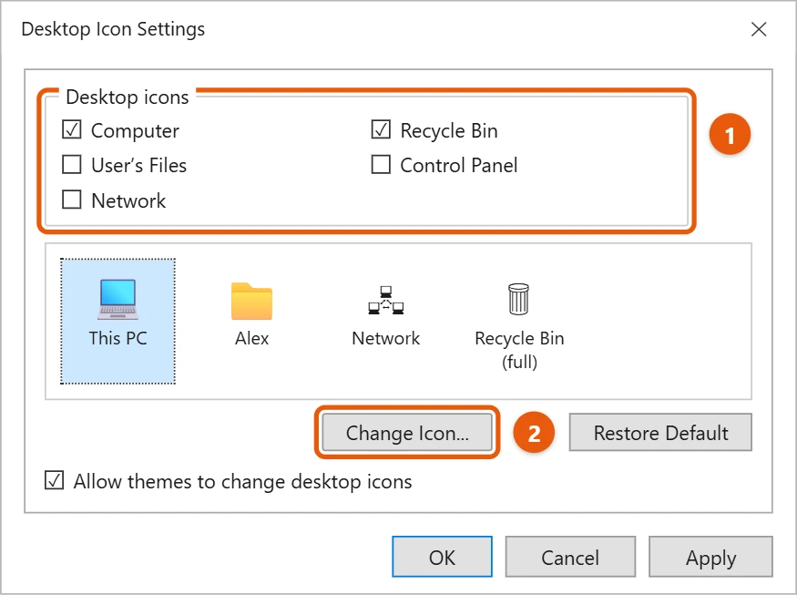 How to Change Desktop Icons in Windows 11 2 Desktop Icon Settings dialog with the desktop icon checkboxes and the Change Icon button highlighted