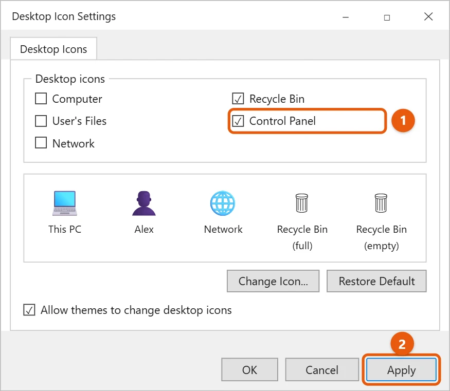 How to Put a Control Panel Icon on the Desktop in Windows 11 2 Illustration of the Windows 11 Desktop Icon Settings window with the Control Panel check box selected and the Apply button highlighted