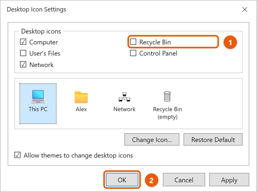 How to Hide Specific Desktop Icons in Windows 11 1 Desktop Icon Settings dialog with Recycle Bin cleared and the OK button highlighted