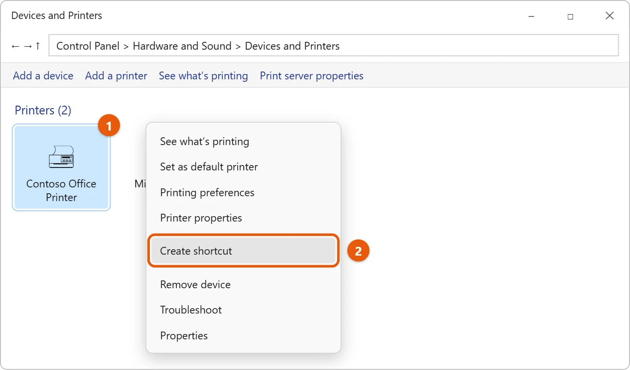 How to Put a Printer Icon on the Desktop in Windows 11 1 Devices and Printers with a printer right-clicked and Create shortcut highlighted