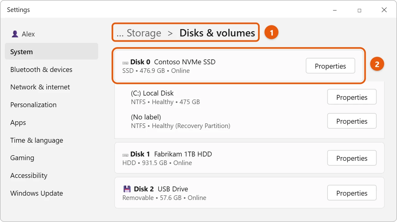 How to Find Your Hard Drive on a Windows 11 PC 2 Windows 11 Disks and volumes settings listing each disk and its volumes